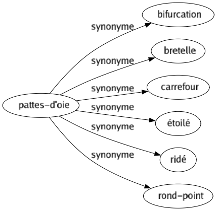 Synonyme de Pattes-d'oie : Bifurcation Bretelle Carrefour Étoilé Ridé Rond-point 