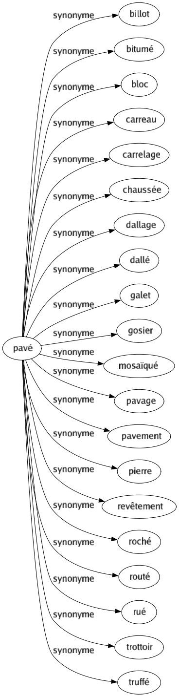 Synonyme de Pavé : Billot Bitumé Bloc Carreau Carrelage Chaussée Dallage Dallé Galet Gosier Mosaïqué Pavage Pavement Pierre Revêtement Roché Routé Rué Trottoir Truffé 