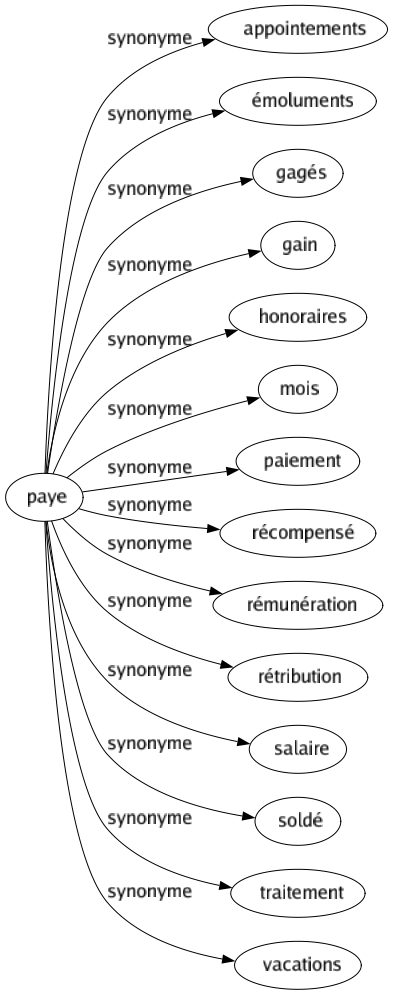 Synonyme de Paye : Appointements Émoluments Gagés Gain Honoraires Mois Paiement Récompensé Rémunération Rétribution Salaire Soldé Traitement Vacations 