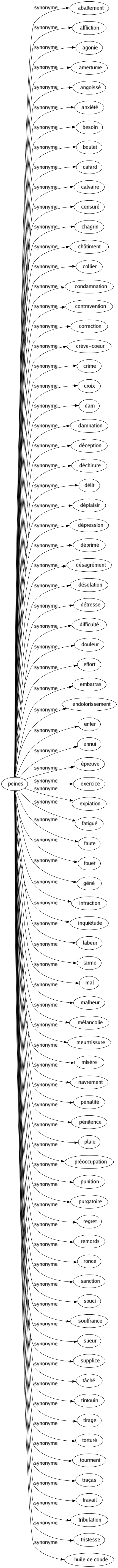 Synonyme de Peines : Abattement Affliction Agonie Amertume Angoissé Anxiété Besoin Boulet Cafard Calvaire Censuré Chagrin Châtiment Collier Condamnation Contravention Correction Crève-coeur Crime Croix Dam Damnation Déception Déchirure Délit Déplaisir Dépression Déprimé Désagrément Désolation Détresse Difficulté Douleur Effort Embarras Endolorissement Enfer Ennui Épreuve Exercice Expiation Fatigué Faute Fouet Gêné Infraction Inquiétude Labeur Larme Mal Malheur Mélancolie Meurtrissure Misère Navrement Pénalité Pénitence Plaie Préoccupation Punition Purgatoire Regret Remords Ronce Sanction Souci Souffrance Sueur Supplice Tâché Tintouin Tirage Torturé Tourment Traças Travail Tribulation Tristesse Huile de coude 