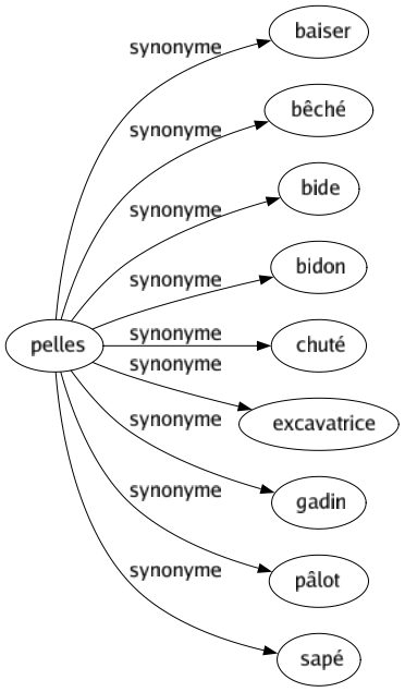 Synonyme de Pelles : Baiser Bêché Bide Bidon Chuté Excavatrice Gadin Pâlot Sapé 