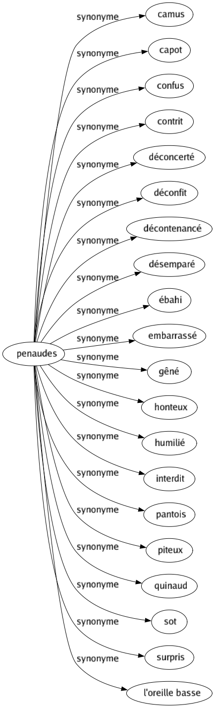 Synonyme de Penaudes : Camus Capot Confus Contrit Déconcerté Déconfit Décontenancé Désemparé Ébahi Embarrassé Gêné Honteux Humilié Interdit Pantois Piteux Quinaud Sot Surpris L'oreille basse 