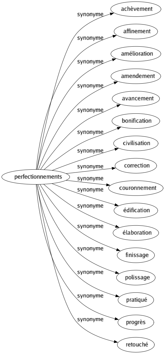 Synonyme de Perfectionnements : Achèvement Affinement Amélioration Amendement Avancement Bonification Civilisation Correction Couronnement Édification Élaboration Finissage Polissage Pratiqué Progrès Retouché 