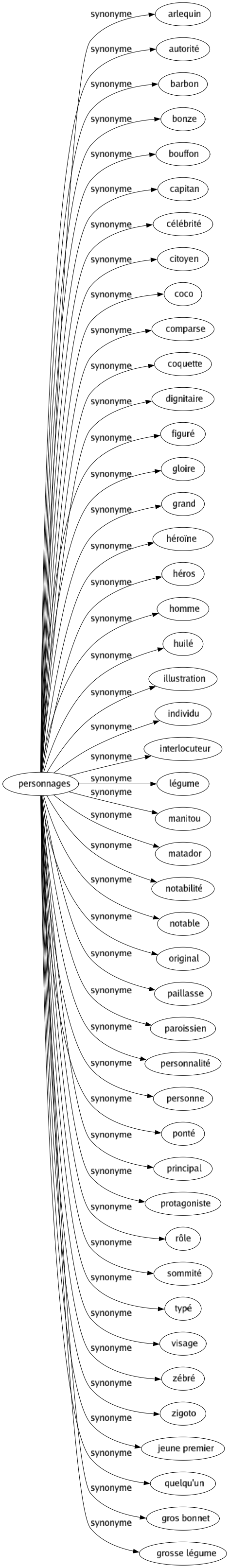 Synonyme de Personnages : Arlequin Autorité Barbon Bonze Bouffon Capitan Célébrité Citoyen Coco Comparse Coquette Dignitaire Figuré Gloire Grand Héroïne Héros Homme Huilé Illustration Individu Interlocuteur Légume Manitou Matador Notabilité Notable Original Paillasse Paroissien Personnalité Personne Ponté Principal Protagoniste Rôle Sommité Typé Visage Zébré Zigoto Jeune premier Quelqu'un Gros bonnet Grosse légume 