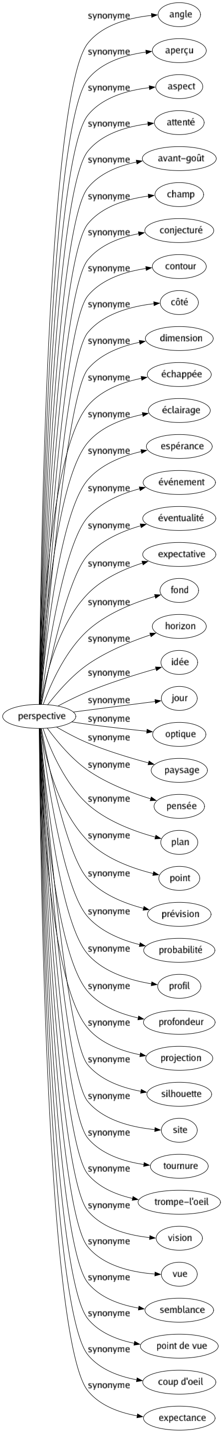 Synonyme de Perspective : Angle Aperçu Aspect Attenté Avant-goût Champ Conjecturé Contour Côté Dimension Échappée Éclairage Espérance Événement Éventualité Expectative Fond Horizon Idée Jour Optique Paysage Pensée Plan Point Prévision Probabilité Profil Profondeur Projection Silhouette Site Tournure Trompe-l'oeil Vision Vue Semblance Point de vue Coup d'oeil Expectance 