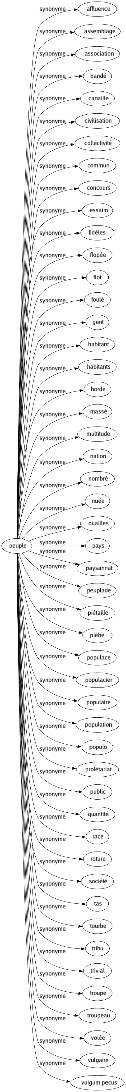 Synonyme de Peuple : Affluence Assemblage Association Bandé Canaille Civilisation Collectivité Commun Concours Essaim Fidèles Flopée Flot Foulé Gent Habitant Habitants Horde Massé Multitude Nation Nombré Nuée Ouailles Pays Paysannat Peuplade Piétaille Plèbe Populace Populacier Populaire Population Populo Prolétariat Public Quantité Racé Roture Société Tas Tourbe Tribu Trivial Troupe Troupeau Volée Vulgaire Vulgum pecus 