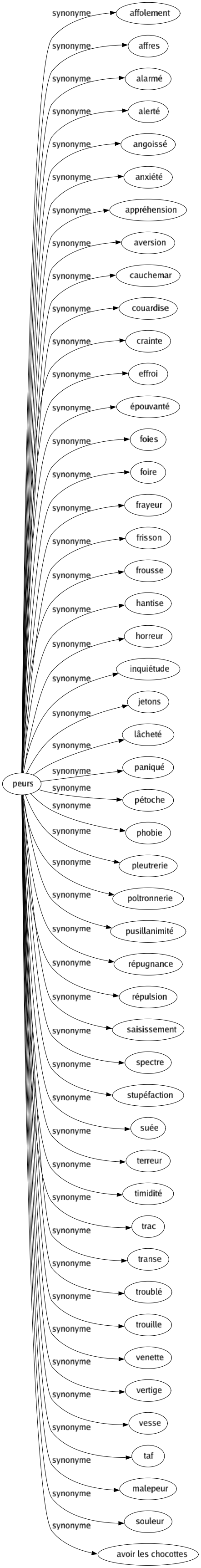 Synonyme de Peurs : Affolement Affres Alarmé Alerté Angoissé Anxiété Appréhension Aversion Cauchemar Couardise Crainte Effroi Épouvanté Foies Foire Frayeur Frisson Frousse Hantise Horreur Inquiétude Jetons Lâcheté Paniqué Pétoche Phobie Pleutrerie Poltronnerie Pusillanimité Répugnance Répulsion Saisissement Spectre Stupéfaction Suée Terreur Timidité Trac Transe Troublé Trouille Venette Vertige Vesse Taf Malepeur Souleur Avoir les chocottes 