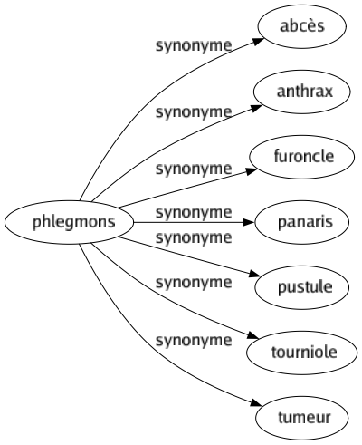 Synonyme de Phlegmons : Abcès Anthrax Furoncle Panaris Pustule Tourniole Tumeur 