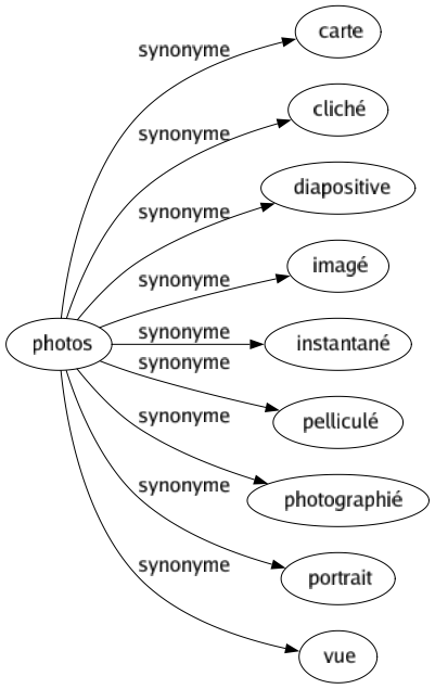 Synonyme de Photos : Carte Cliché Diapositive Imagé Instantané Pelliculé Photographié Portrait Vue 