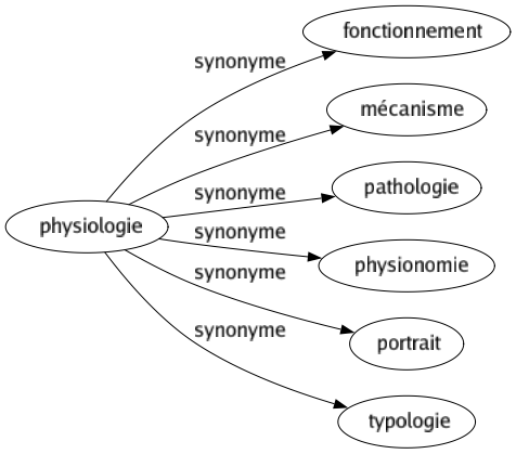 Synonyme de Physiologie : Fonctionnement Mécanisme Pathologie Physionomie Portrait Typologie 