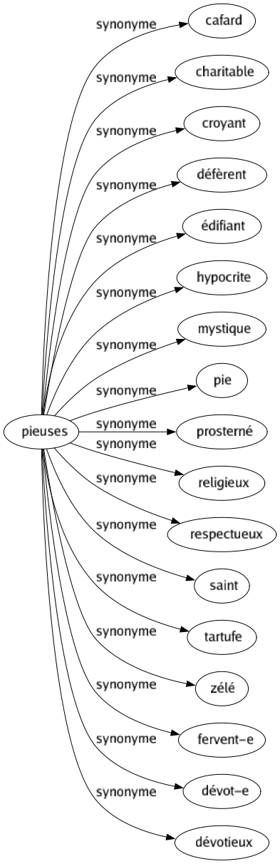 Synonyme de Pieuses : Cafard Charitable Croyant Défèrent Édifiant Hypocrite Mystique Pie Prosterné Religieux Respectueux Saint Tartufe Zélé Fervent-e Dévot-e Dévotieux 