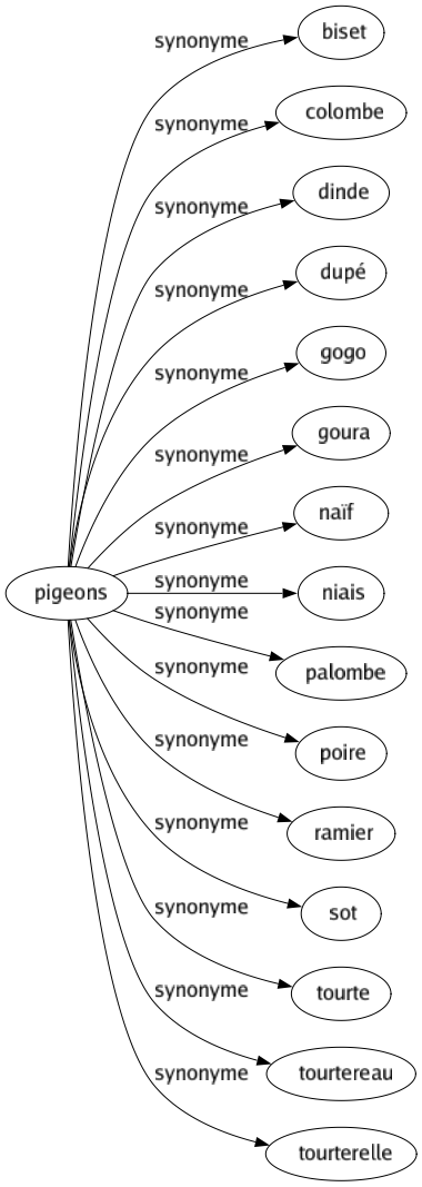 Synonyme de Pigeons : Biset Colombe Dinde Dupé Gogo Goura Naïf Niais Palombe Poire Ramier Sot Tourte Tourtereau Tourterelle 