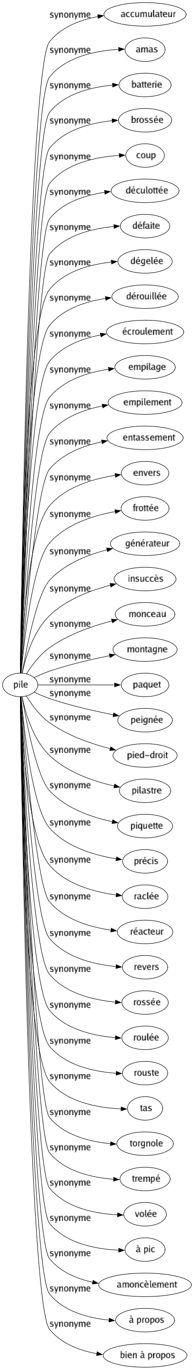 Synonyme de Pile : Accumulateur Amas Batterie Brossée Coup Déculottée Défaite Dégelée Dérouillée Écroulement Empilage Empilement Entassement Envers Frottée Générateur Insuccès Monceau Montagne Paquet Peignée Pied-droit Pilastre Piquette Précis Raclée Réacteur Revers Rossée Roulée Rouste Tas Torgnole Trempé Volée À pic Amoncèlement À propos Bien à propos 