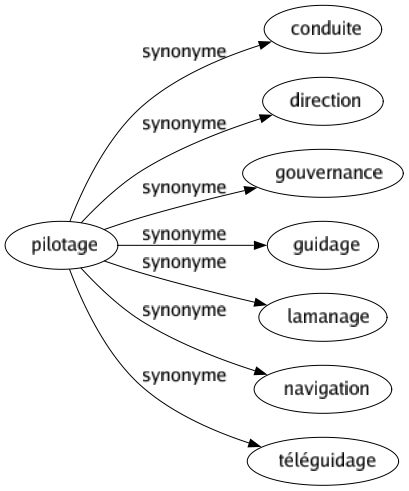 Synonyme de Pilotage : Conduite Direction Gouvernance Guidage Lamanage Navigation Téléguidage 