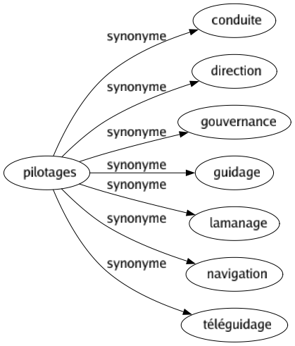 Synonyme de Pilotages : Conduite Direction Gouvernance Guidage Lamanage Navigation Téléguidage 