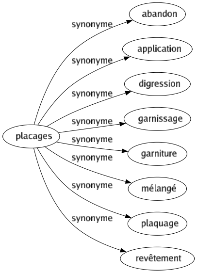 Synonyme de Placages : Abandon Application Digression Garnissage Garniture Mélangé Plaquage Revêtement 