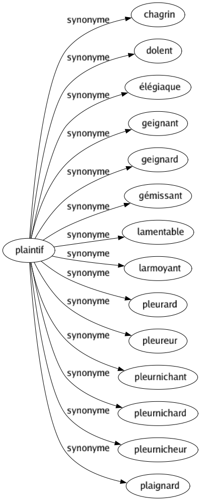 Synonyme de Plaintif : Chagrin Dolent Élégiaque Geignant Geignard Gémissant Lamentable Larmoyant Pleurard Pleureur Pleurnichant Pleurnichard Pleurnicheur Plaignard 