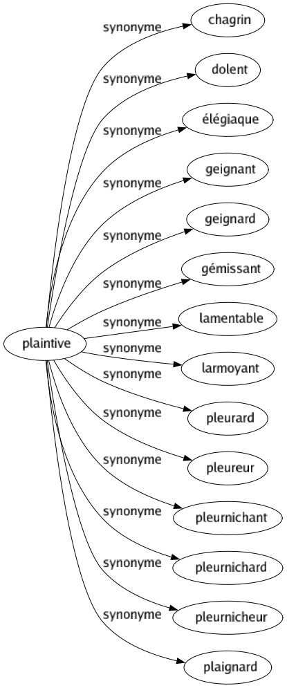 Synonyme de Plaintive : Chagrin Dolent Élégiaque Geignant Geignard Gémissant Lamentable Larmoyant Pleurard Pleureur Pleurnichant Pleurnichard Pleurnicheur Plaignard 