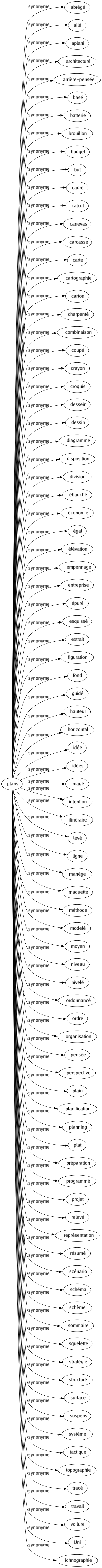 Synonyme de Plans : Abrégé Ailé Aplani Architecturé Arrière-pensée Basé Batterie Brouillon Budget But Cadré Calcul Canevas Carcasse Carte Cartographie Carton Charpenté Combinaison Coupé Crayon Croquis Dessein Dessin Diagramme Disposition Division Ébauché Économie Égal Élévation Empennage Entreprise Épuré Esquissé Extrait Figuration Fond Guidé Hauteur Horizontal Idée Idées Imagé Intention Itinéraire Levé Ligne Manège Maquette Méthode Modelé Moyen Niveau Nivelé Ordonnancé Ordre Organisation Pensée Perspective Plain Planification Planning Plat Préparation Programmé Projet Relevé Représentation Résumé Scénario Schéma Schème Sommaire Squelette Stratégie Structuré Surface Suspens Système Tactique Topographie Tracé Travail Voilure Uni Ichnographie 