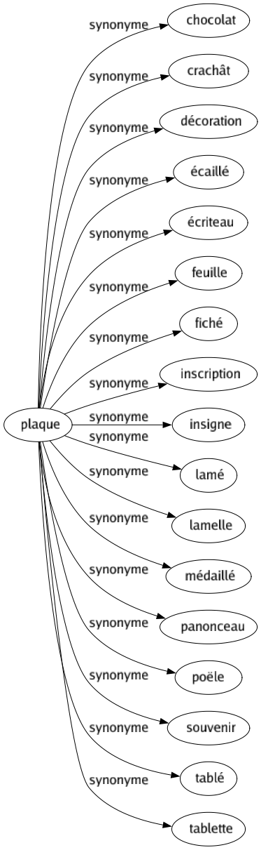 Synonyme de Plaque : Chocolat Crachât Décoration Écaillé Écriteau Feuille Fiché Inscription Insigne Lamé Lamelle Médaillé Panonceau Poële Souvenir Tablé Tablette 