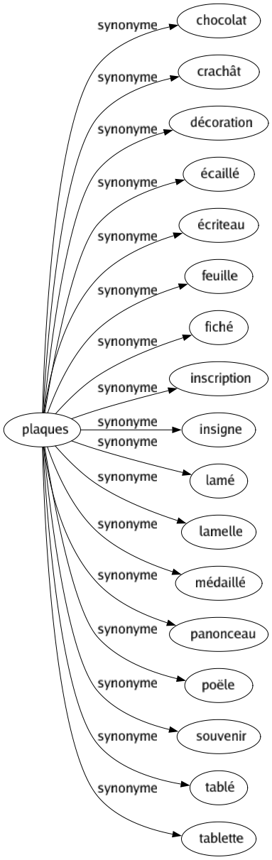 Synonyme de Plaques : Chocolat Crachât Décoration Écaillé Écriteau Feuille Fiché Inscription Insigne Lamé Lamelle Médaillé Panonceau Poële Souvenir Tablé Tablette 