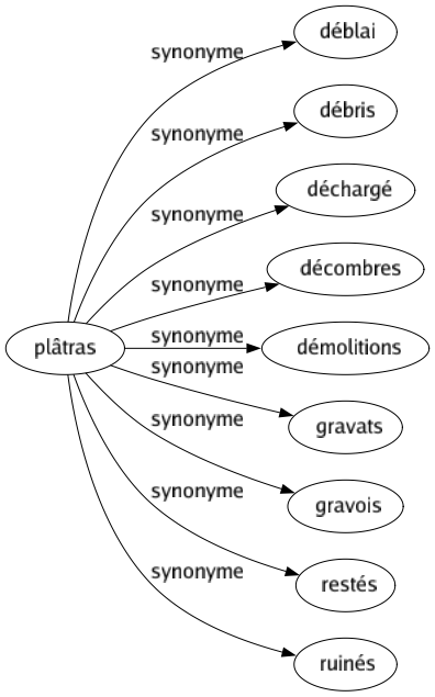 Synonyme de Plâtras : Déblai Débris Déchargé Décombres Démolitions Gravats Gravois Restés Ruinés 