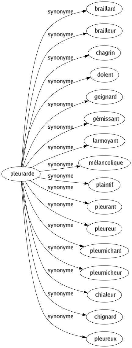 Synonyme de Pleurarde : Braillard Brailleur Chagrin Dolent Geignard Gémissant Larmoyant Mélancolique Plaintif Pleurant Pleureur Pleurnichard Pleurnicheur Chialeur Chignard Pleureux 