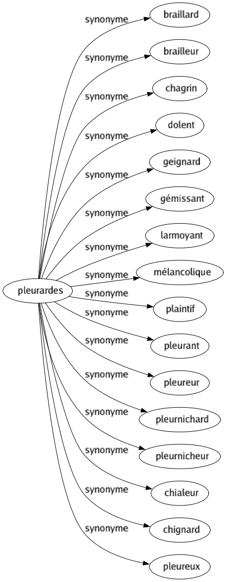 Synonyme de Pleurardes : Braillard Brailleur Chagrin Dolent Geignard Gémissant Larmoyant Mélancolique Plaintif Pleurant Pleureur Pleurnichard Pleurnicheur Chialeur Chignard Pleureux 