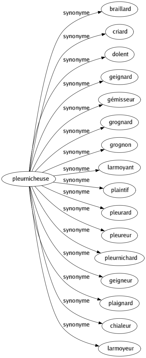 Synonyme de Pleurnicheuse : Braillard Criard Dolent Geignard Gémisseur Grognard Grognon Larmoyant Plaintif Pleurard Pleureur Pleurnichard Geigneur Plaignard Chialeur Larmoyeur 