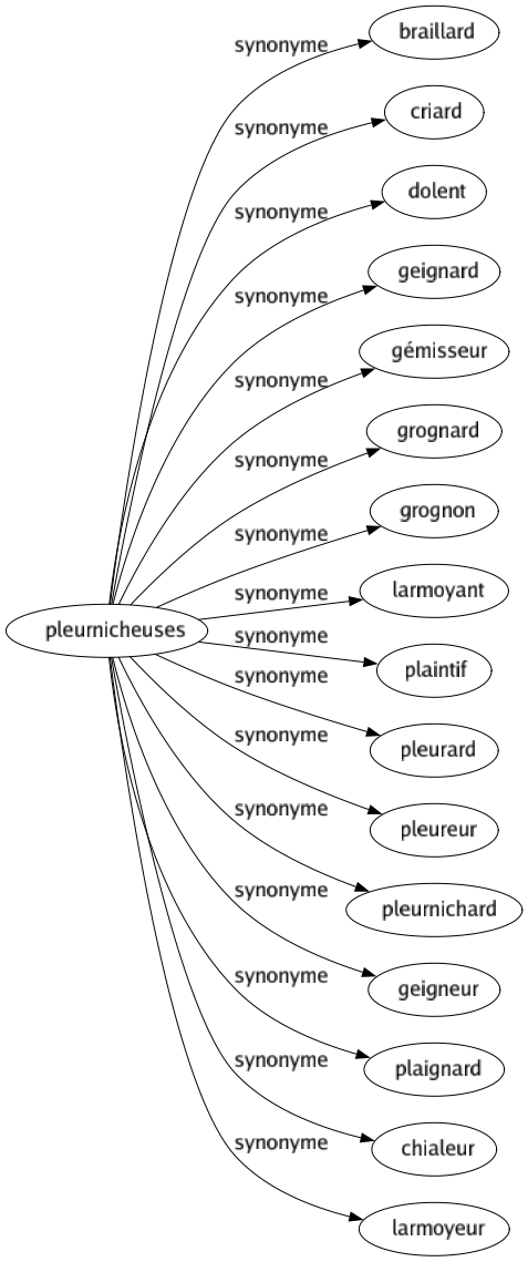 Synonyme de Pleurnicheuses : Braillard Criard Dolent Geignard Gémisseur Grognard Grognon Larmoyant Plaintif Pleurard Pleureur Pleurnichard Geigneur Plaignard Chialeur Larmoyeur 