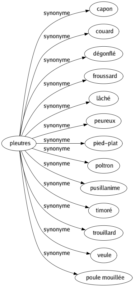 Synonyme de Pleutres : Capon Couard Dégonflé Froussard Lâché Peureux Pied-plat Poltron Pusillanime Timoré Trouillard Veule Poule mouillée 