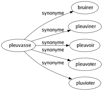 Synonyme de Pleuvasse : Bruiner Pleuviner Pleuvoir Pleuvoter Pluvioter 