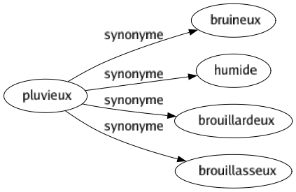 Synonyme de Pluvieux : Bruineux Humide Brouillardeux Brouillasseux 