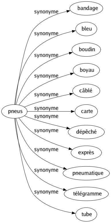 Synonyme de Pneus : Bandage Bleu Boudin Boyau Câblé Carte Dépêché Exprès Pneumatique Télégramme Tube 