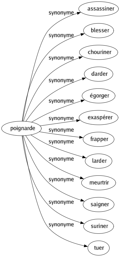 Synonyme de Poignarde : Assassiner Blesser Chouriner Darder Égorger Exaspérer Frapper Larder Meurtrir Saigner Suriner Tuer 