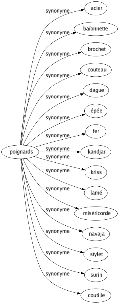 Synonyme de Poignards : Acier Baïonnette Brochet Couteau Dague Épée Fer Kandjar Kriss Lamé Miséricorde Navaja Stylet Surin Coutille 