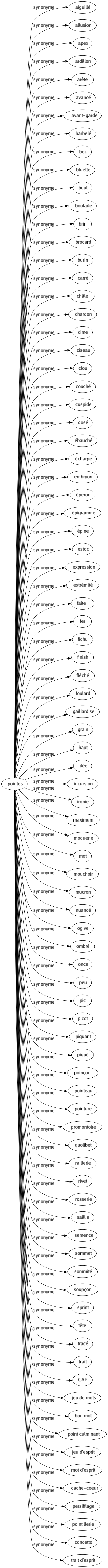 Synonyme de Pointes : Aiguillé Allusion Apex Ardillon Arête Avancé Avant-garde Barbelé Bec Bluette Bout Boutade Brin Brocard Burin Carré Châle Chardon Cime Ciseau Clou Couché Cuspide Dosé Ébauché Écharpe Embryon Éperon Épigramme Épine Estoc Expression Extrémité Faîte Fer Fichu Finish Fléché Foulard Gaillardise Grain Haut Idée Incursion Ironie Maximum Moquerie Mot Mouchoir Mucron Nuancé Ogive Ombré Once Peu Pic Picot Piquant Piqué Poinçon Pointeau Pointure Promontoire Quolibet Raillerie Rivet Rosserie Saillie Semence Sommet Sommité Soupçon Sprint Tête Tracé Trait Cap Jeu de mots Bon mot Point culminant Jeu d'esprit Mot d'esprit Cache-coeur Persifflage Pointillerie Concetto Trait d'esprit 