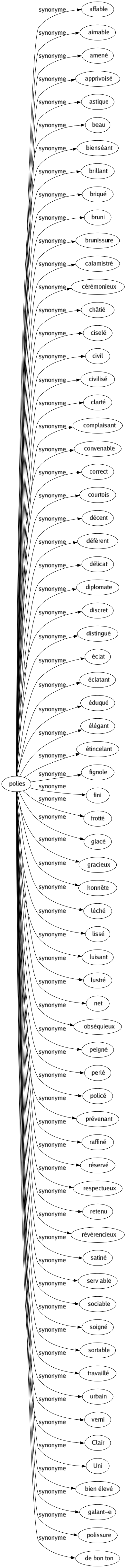 Synonyme de Polies : Affable Aimable Amené Apprivoisé Astique Beau Bienséant Brillant Briqué Bruni Brunissure Calamistré Cérémonieux Châtié Ciselé Civil Civilisé Clarté Complaisant Convenable Correct Courtois Décent Défèrent Délicat Diplomate Discret Distingué Éclat Éclatant Éduqué Élégant Étincelant Fignole Fini Frotté Glacé Gracieux Honnête Léché Lissé Luisant Lustré Net Obséquieux Peigné Perlé Policé Prévenant Raffiné Réservé Respectueux Retenu Révérencieux Satiné Serviable Sociable Soigné Sortable Travaillé Urbain Verni Clair Uni Bien élevé Galant-e Polissure De bon ton 