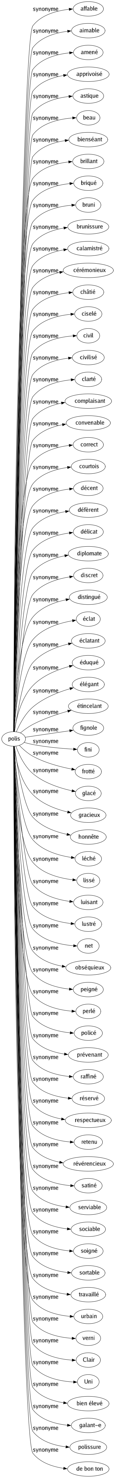 Synonyme de Polis : Affable Aimable Amené Apprivoisé Astique Beau Bienséant Brillant Briqué Bruni Brunissure Calamistré Cérémonieux Châtié Ciselé Civil Civilisé Clarté Complaisant Convenable Correct Courtois Décent Défèrent Délicat Diplomate Discret Distingué Éclat Éclatant Éduqué Élégant Étincelant Fignole Fini Frotté Glacé Gracieux Honnête Léché Lissé Luisant Lustré Net Obséquieux Peigné Perlé Policé Prévenant Raffiné Réservé Respectueux Retenu Révérencieux Satiné Serviable Sociable Soigné Sortable Travaillé Urbain Verni Clair Uni Bien élevé Galant-e Polissure De bon ton 