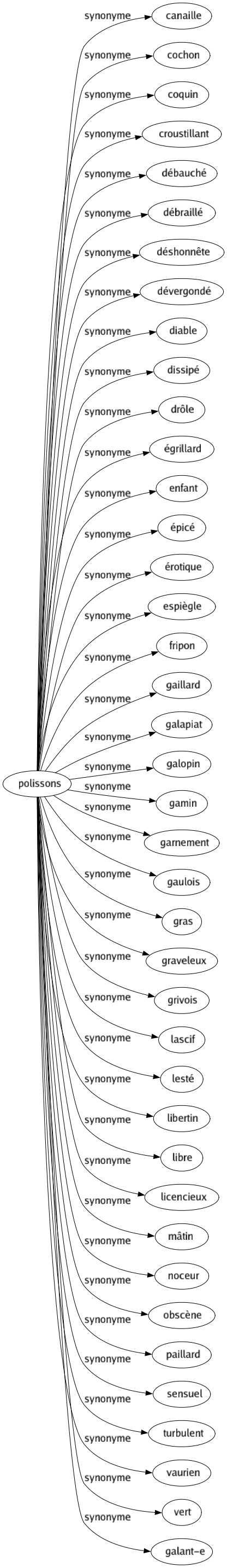 Synonyme de Polissons : Canaille Cochon Coquin Croustillant Débauché Débraillé Déshonnête Dévergondé Diable Dissipé Drôle Égrillard Enfant Épicé Érotique Espiègle Fripon Gaillard Galapiat Galopin Gamin Garnement Gaulois Gras Graveleux Grivois Lascif Lesté Libertin Libre Licencieux Mâtin Noceur Obscène Paillard Sensuel Turbulent Vaurien Vert Galant-e 