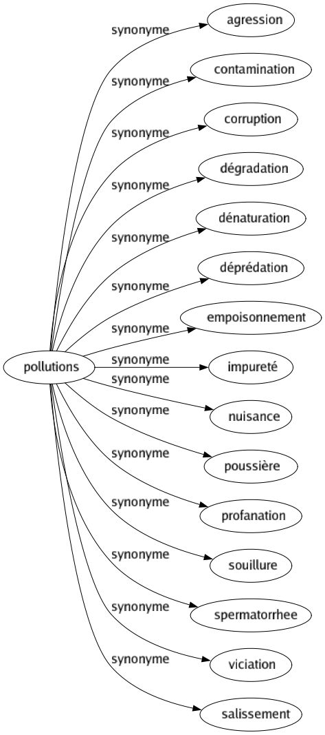 Synonyme de Pollutions : Agression Contamination Corruption Dégradation Dénaturation Déprédation Empoisonnement Impureté Nuisance Poussière Profanation Souillure Spermatorrhee Viciation Salissement 