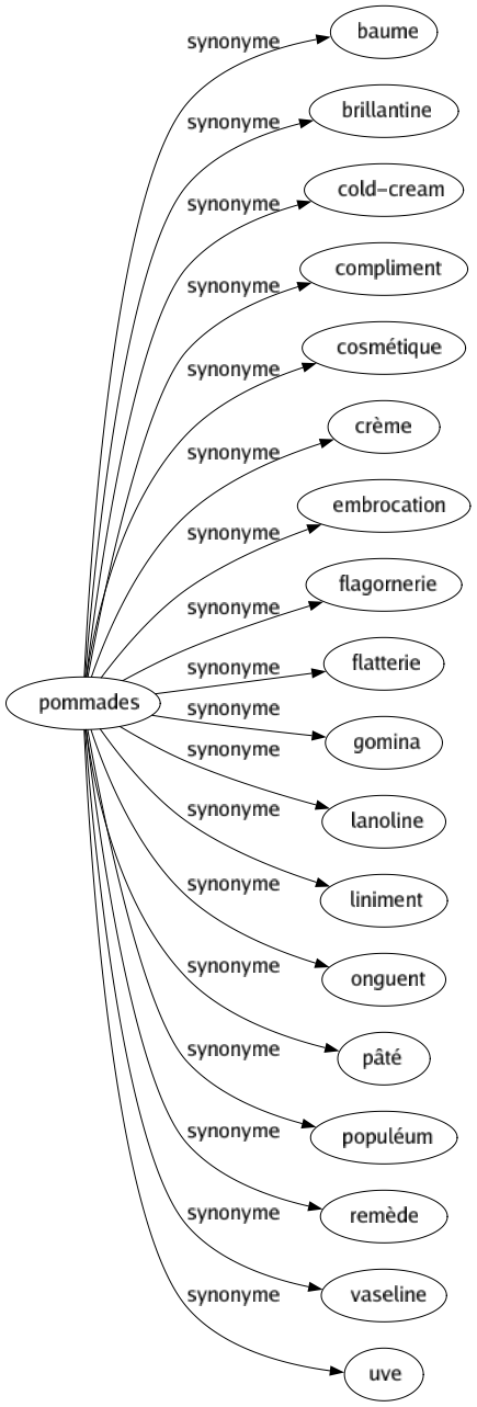 Synonyme de Pommades : Baume Brillantine Cold-cream Compliment Cosmétique Crème Embrocation Flagornerie Flatterie Gomina Lanoline Liniment Onguent Pâté Populéum Remède Vaseline Uve 