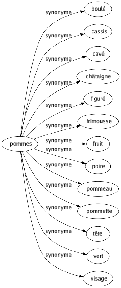 Synonyme de Pommes : Boulé Cassis Cavé Châtaigne Figuré Frimousse Fruit Poire Pommeau Pommette Tête Vert Visage 