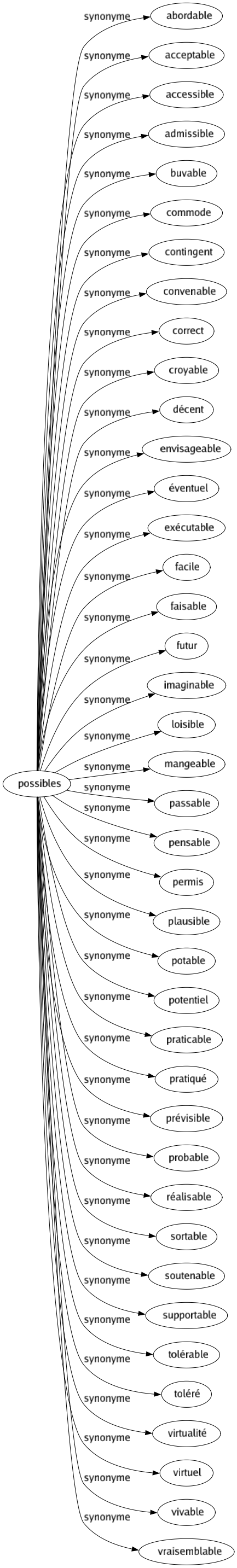 Synonyme de Possibles : Abordable Acceptable Accessible Admissible Buvable Commode Contingent Convenable Correct Croyable Décent Envisageable Éventuel Exécutable Facile Faisable Futur Imaginable Loisible Mangeable Passable Pensable Permis Plausible Potable Potentiel Praticable Pratiqué Prévisible Probable Réalisable Sortable Soutenable Supportable Tolérable Toléré Virtualité Virtuel Vivable Vraisemblable 