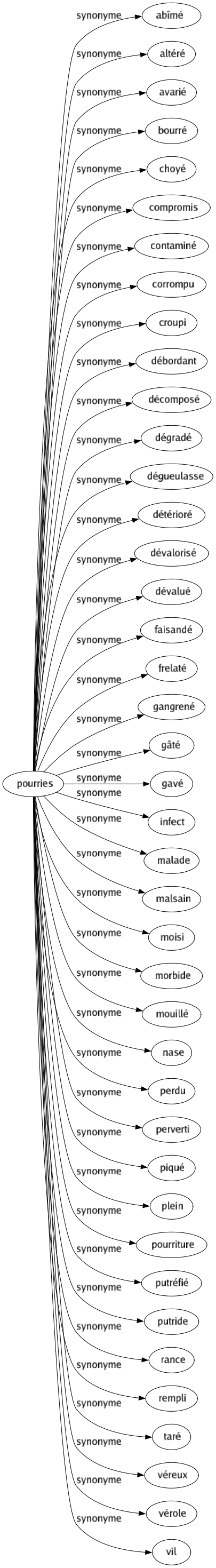 Synonyme de Pourries : Abîmé Altéré Avarié Bourré Choyé Compromis Contaminé Corrompu Croupi Débordant Décomposé Dégradé Dégueulasse Détérioré Dévalorisé Dévalué Faisandé Frelaté Gangrené Gâté Gavé Infect Malade Malsain Moisi Morbide Mouillé Nase Perdu Perverti Piqué Plein Pourriture Putréfié Putride Rance Rempli Taré Véreux Vérole Vil 