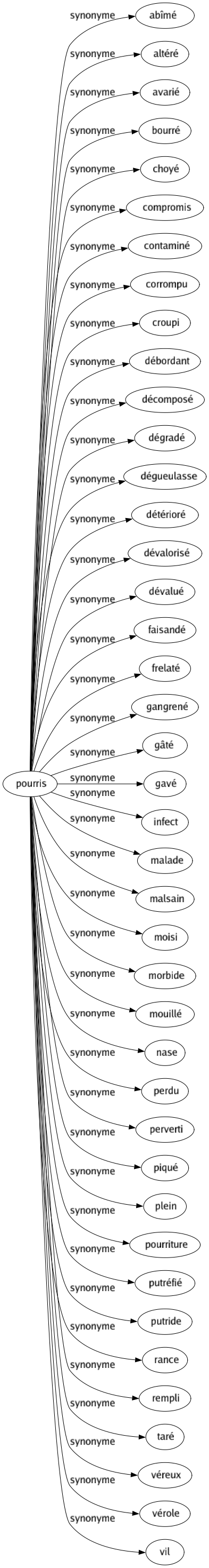 Synonyme de Pourris : Abîmé Altéré Avarié Bourré Choyé Compromis Contaminé Corrompu Croupi Débordant Décomposé Dégradé Dégueulasse Détérioré Dévalorisé Dévalué Faisandé Frelaté Gangrené Gâté Gavé Infect Malade Malsain Moisi Morbide Mouillé Nase Perdu Perverti Piqué Plein Pourriture Putréfié Putride Rance Rempli Taré Véreux Vérole Vil 