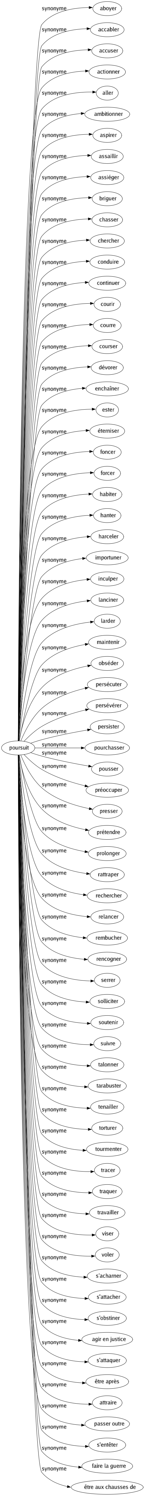 Synonyme de Poursuit : Aboyer Accabler Accuser Actionner Aller Ambitionner Aspirer Assaillir Assiéger Briguer Chasser Chercher Conduire Continuer Courir Courre Courser Dévorer Enchaîner Ester Éterniser Foncer Forcer Habiter Hanter Harceler Importuner Inculper Lanciner Larder Maintenir Obséder Persécuter Persévérer Persister Pourchasser Pousser Préoccuper Presser Prétendre Prolonger Rattraper Rechercher Relancer Rembucher Rencogner Serrer Solliciter Soutenir Suivre Talonner Tarabuster Tenailler Torturer Tourmenter Tracer Traquer Travailler Viser Voler S'acharner S'attacher S'obstiner Agir en justice S'attaquer Être après Attraire Passer outre S'entêter Faire la guerre Être aux chausses de 