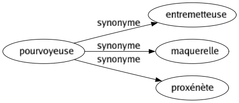 Synonyme de Pourvoyeuse : Entremetteuse Maquerelle Proxénète 