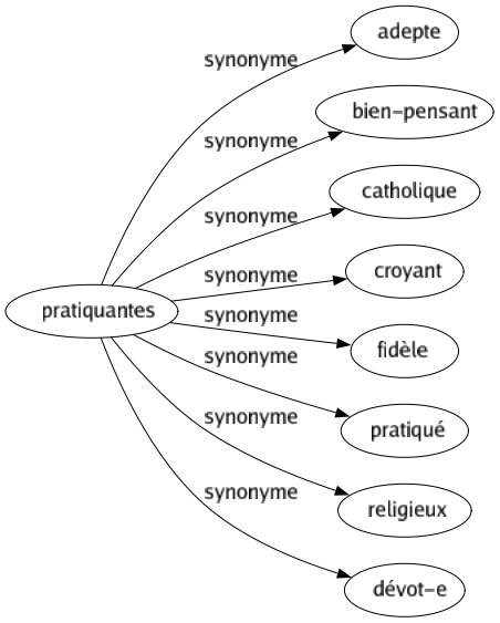 Synonyme de Pratiquantes : Adepte Bien-pensant Catholique Croyant Fidèle Pratiqué Religieux Dévot-e 