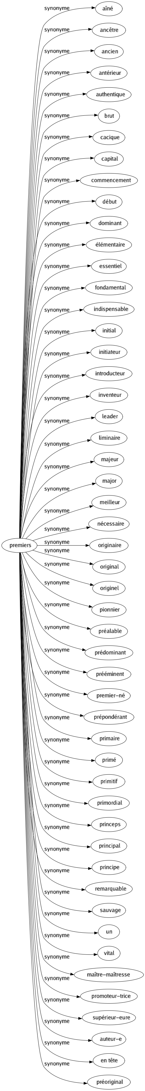 Synonyme de Premiers : Aîné Ancêtre Ancien Antérieur Authentique Brut Cacique Capital Commencement Début Dominant Élémentaire Essentiel Fondamental Indispensable Initial Initiateur Introducteur Inventeur Leader Liminaire Majeur Major Meilleur Nécessaire Originaire Original Originel Pionnier Préalable Prédominant Prééminent Premier-né Prépondérant Primaire Primé Primitif Primordial Princeps Principal Principe Remarquable Sauvage Un Vital Maître-maîtresse Promoteur-trice Supérieur-eure Auteur-e En tête Préoriginal 